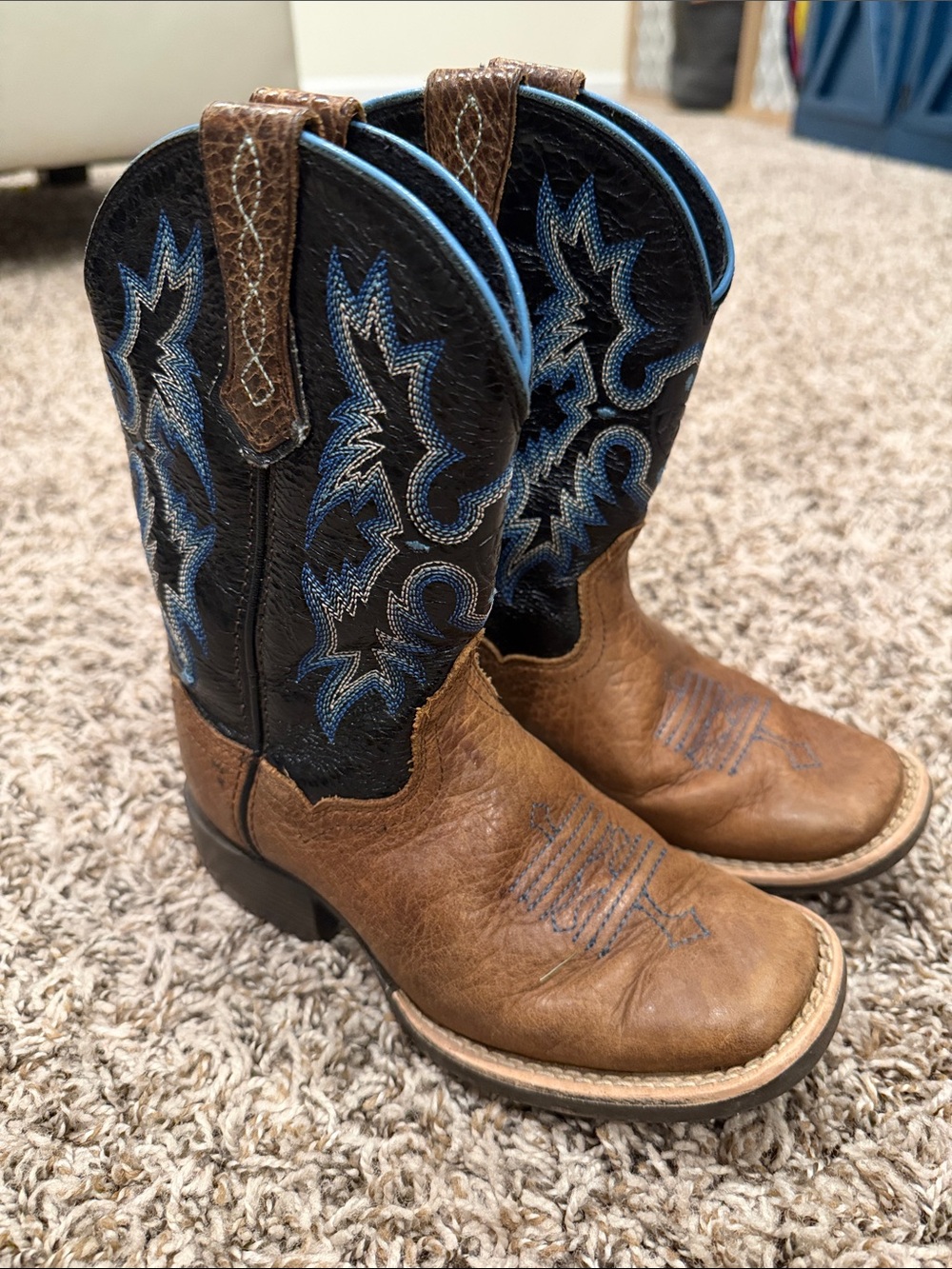Ariat Toddler Brown and Black Western Boots with Blue Embroidery